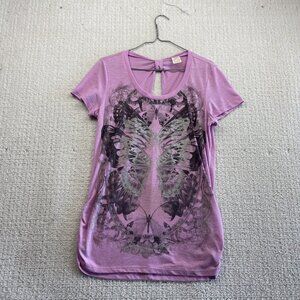 Y2K Faded Glory Rhinestone Butterfly Graphic Shirt Grunge  Alt Goth Glam Sz L **